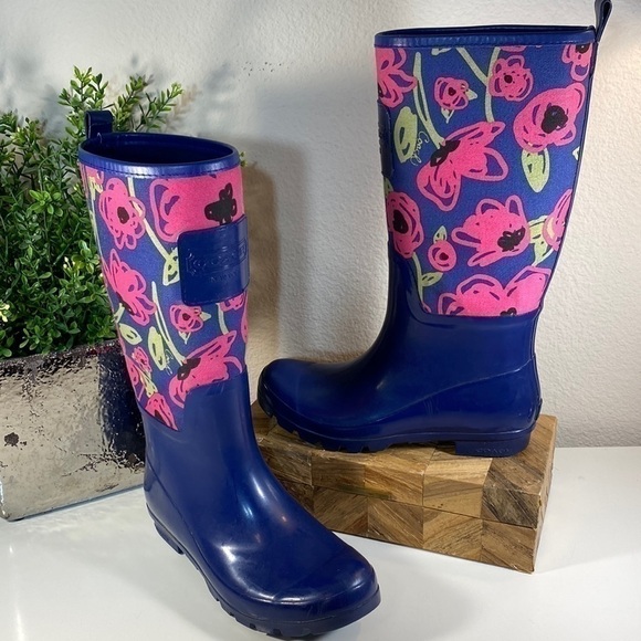 Coach Rain Boots Size 7 Pearl Poppy Floral Blue and Pink - Picture 2 of 11